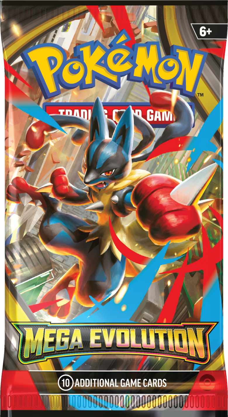 Pokémon TCG Mega Evolution English booster pack featuring Mega Lucario; pack artwork may vary