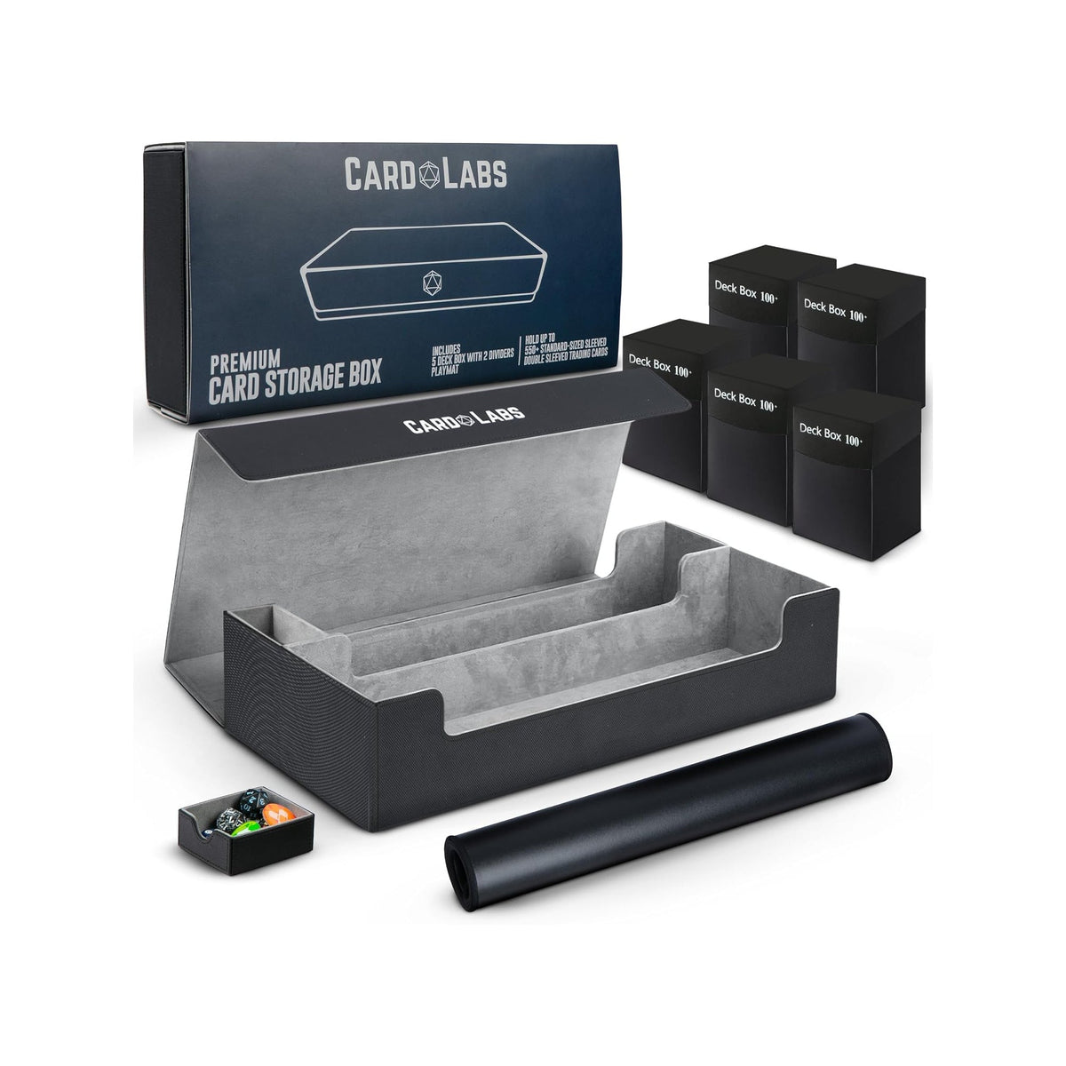 Card Labs Premium Card Storage Box set shown in black with five deck boxes and playmat