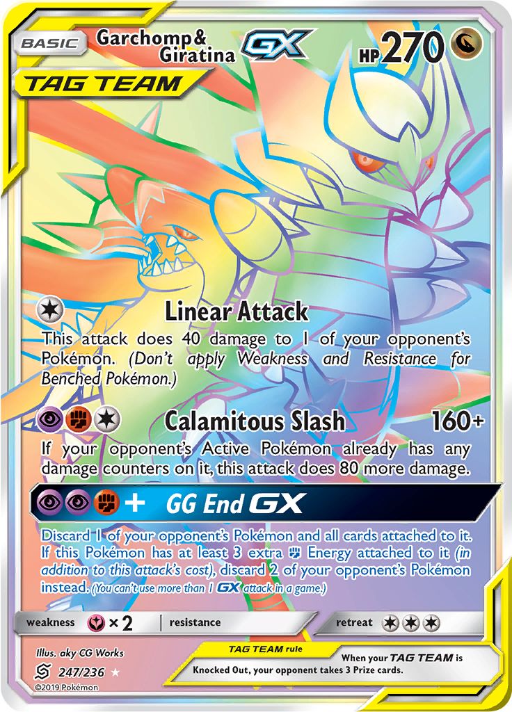 Garchomp & Giratina GX Rainbow Rare 247/236 - front stock image