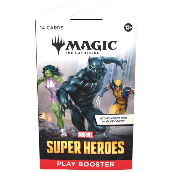Magic The Gathering Marvel Super Heroes Sleeved Play Booster retail cardboard packaging