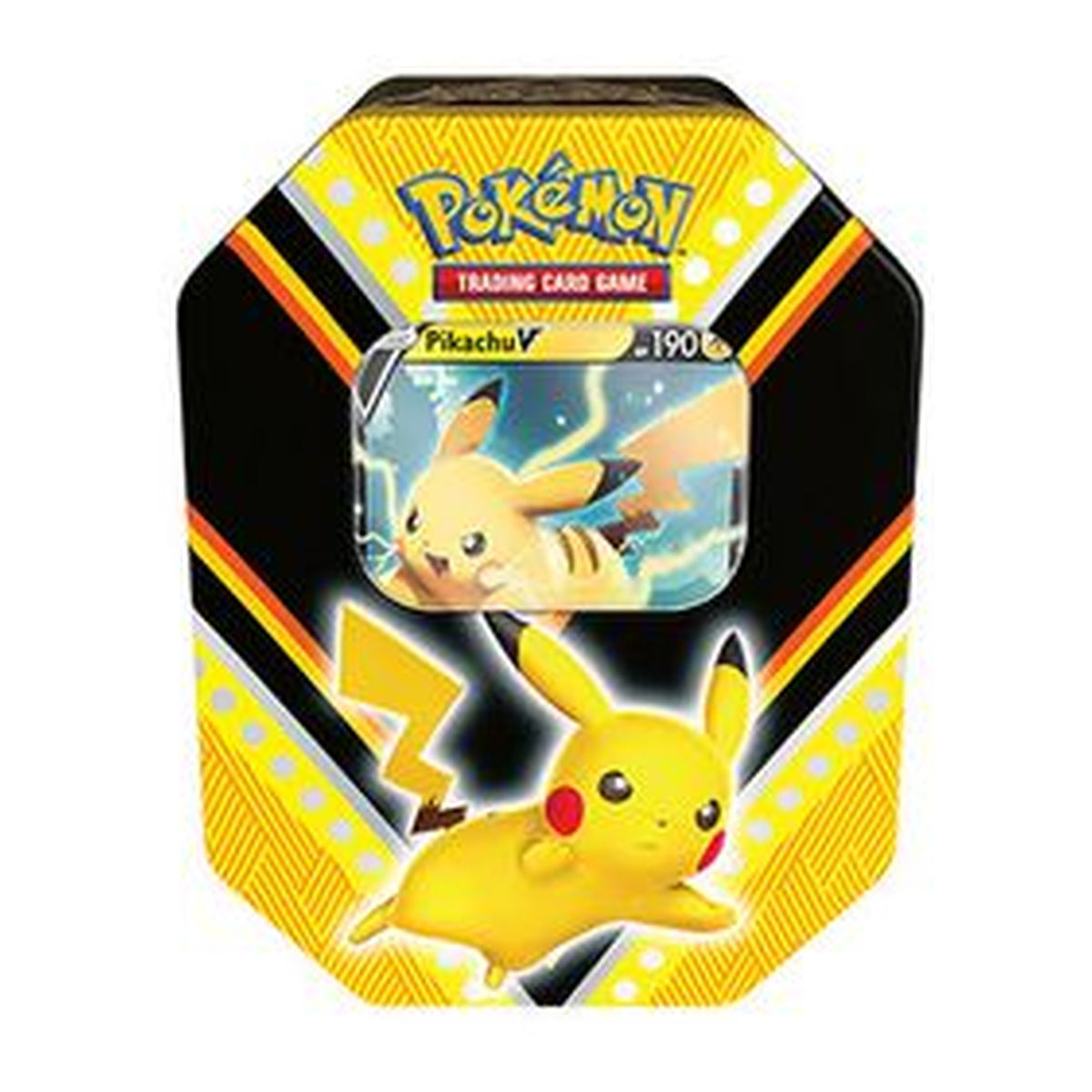 Pikachu V Powers Tin on a white background