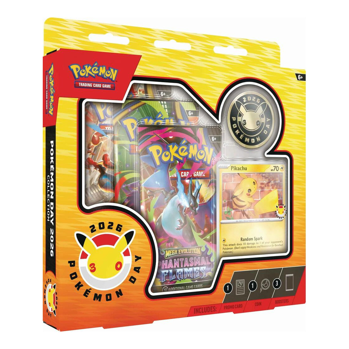 Pokémon Day 2026 Collection with Pikachu promo, coin, and booster packs