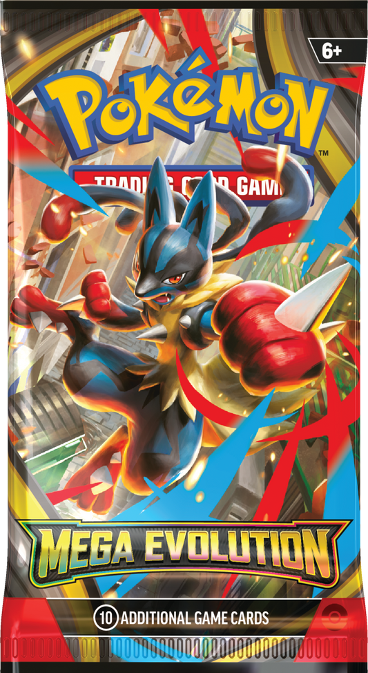Pokémon TCG Mega Evolution English booster pack featuring Mega Lucario; pack artwork may vary