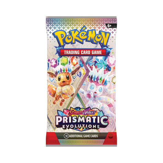 Pokémon Scarlet & Violet—Prismatic Evolutions sealed booster pack; artwork varies.